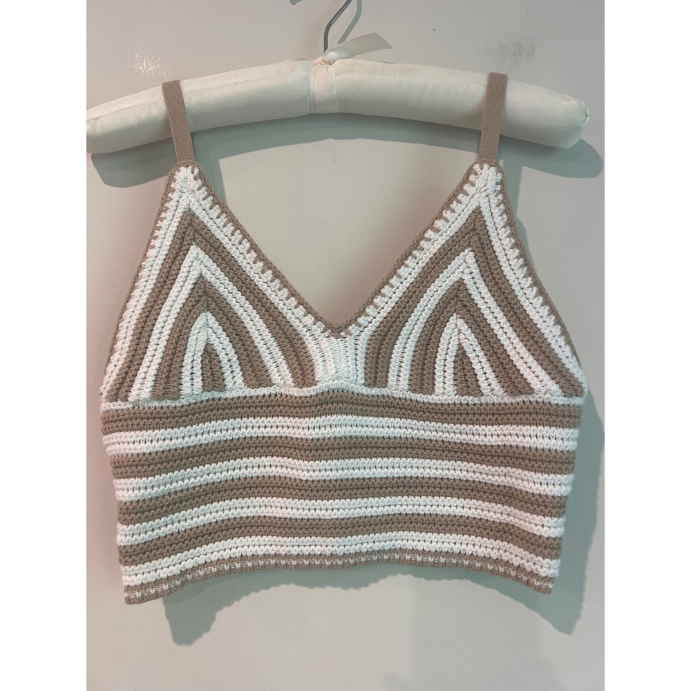 Hollister Crochet Knit Bralette Top Tan White Striped Boho Festival Medium